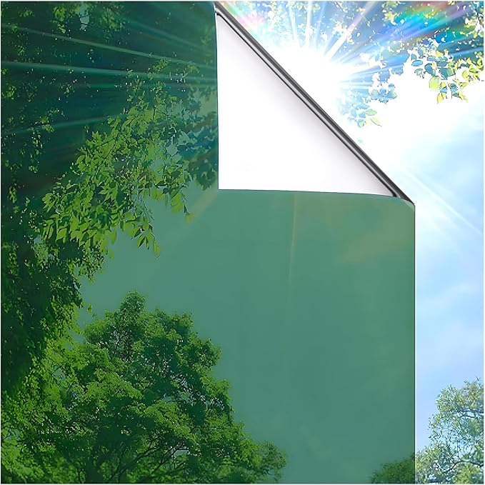 Coavas One Way Privacy Window Film, Sun Blocking Reflective Window Film See Out Not in, Heat Control Window Tint for Home, Anti UV Static Cling for Windows Office Door (Green, 29.5 x 78.7 inches)