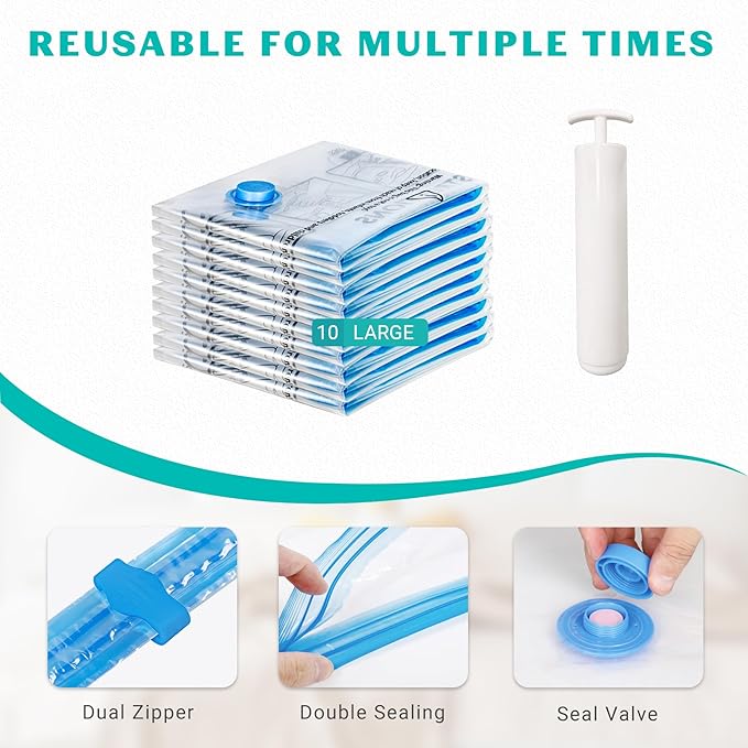 10 Pack Large Space Saver Vacuum Storage Bags Large Seal Bags for Bedding Compression Bags for Travel Comforters Blankets Bed