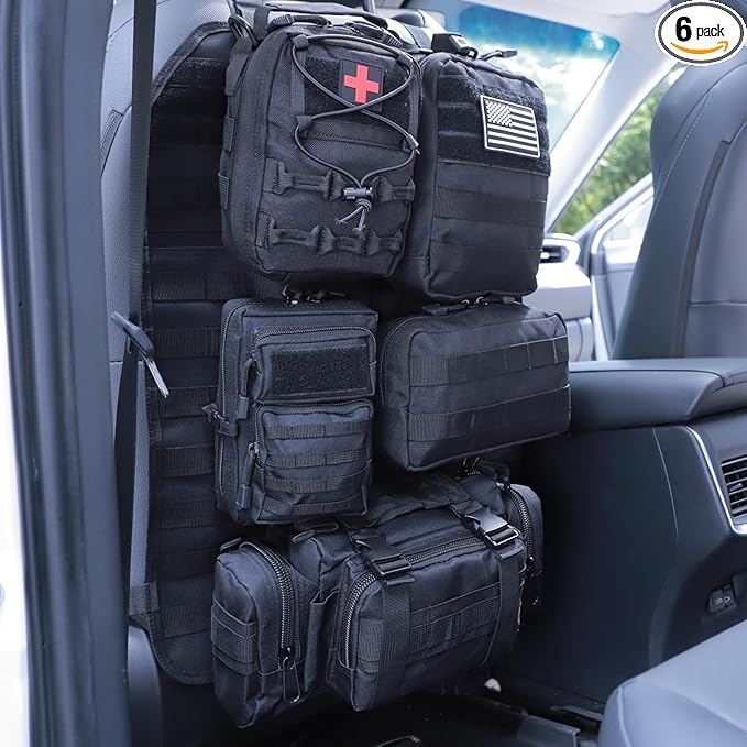 Universal Tactical Car Seat Back Organizer Bag Tactical Molle Vehicle Organizers Panel Vehicle Protector Organizers with 5 Detachable Pouches for Car (Upgraded A black)