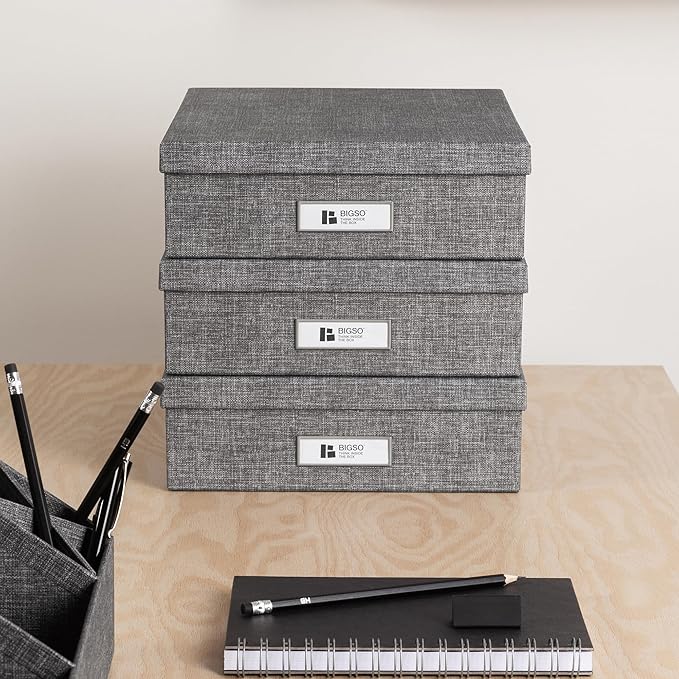 Bigso Oskar Canvas Fiberboard Document Letter Box for Important Paperwork A4 or Letter Size - Durable Keepsake Box with Lid a