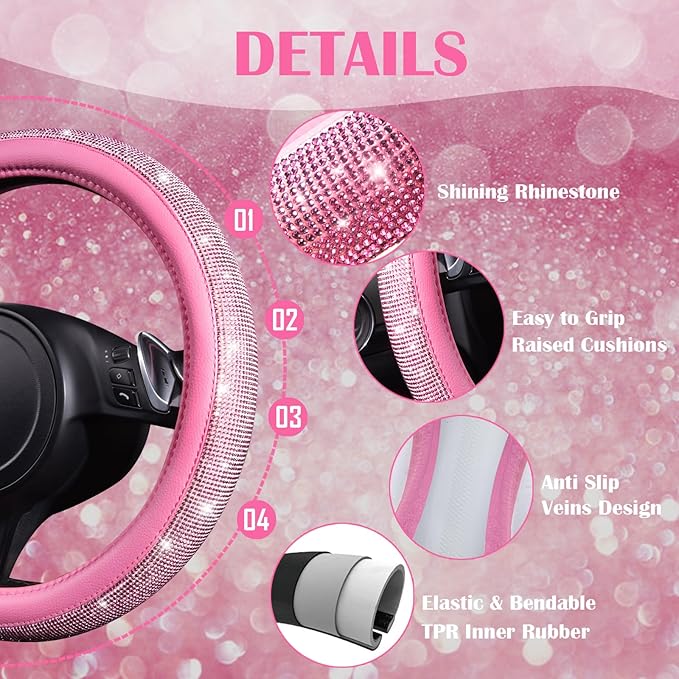 CAR PASS Bling Pink Car Accessories Set for Women, Sparkly Rhinestone Diamond Steering Wheel Cover Seat Belt Cushion Glitter 