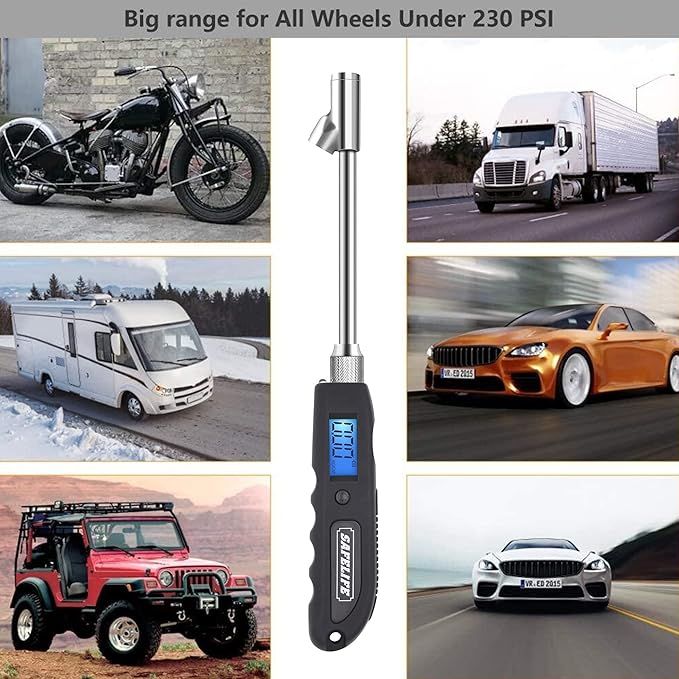 SAFELIFE Digital Tire Pressure Gauge, Heavy Duty Dual Head Stainless Steel Made Swivel Air Chuck Tire Pressure for Truck RV with Backlit LCD and Flashlight-230 PSI