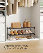 SONGMICS 2-Tier Shoe Rack for Closet, Compact Metal Shoe Organizer Shelf for Entryway, Bedroom, Small Spaces, Stackable, 11.8