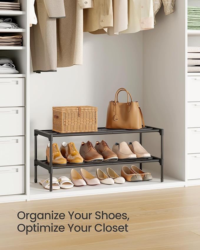 SONGMICS 2-Tier Shoe Rack for Closet, Compact Metal Shoe Organizer Shelf for Entryway, Bedroom, Small Spaces, Stackable, 11.8