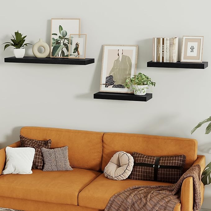 Vivelove Black Bathroom Shelves Over Toilet, 16" Floating Shelves, Wall Shelf for Bathroom Bedroom, Living Room, Kitchen, Off