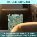 Car Garbage Bag Blooming Floral and Leaves Drawstring Car Trash Bag Hanging for Back Seat with Adjustable Buckle Canvas Vehicle Trash Can Easy-to-Install