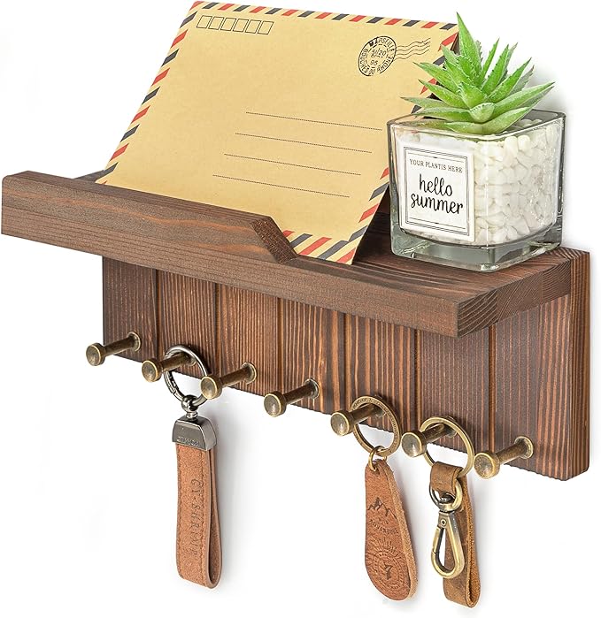 Rebee Vision Rustic Pine Wood Key Holder Wall Mount - Fun Key Holder for Wall with 7 Hooks and Charming Wall Shelf for Hangin