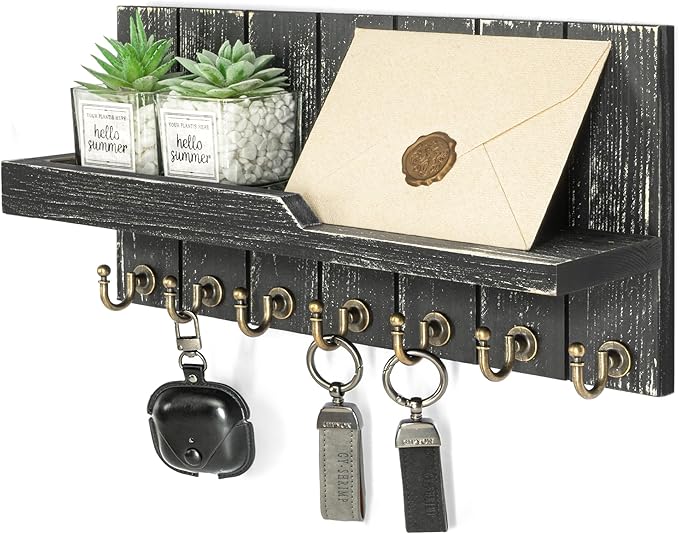 Rebee Vision Rustic Key Holder Wall Mount for Home Decor - Farmhouse Key Holder for Wall with Floating Shelf & 7 Sturdy Hooks