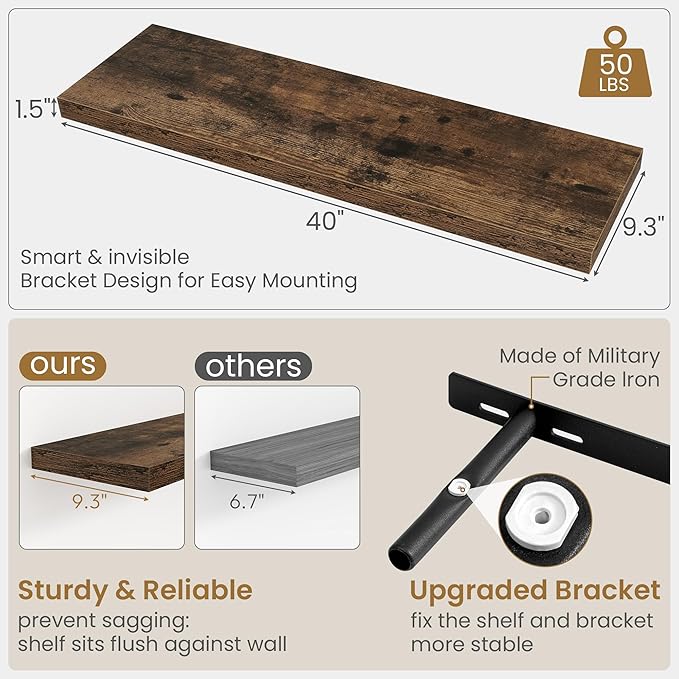 40"W x 9.3"D Floating Shelves for Wall, Wall Mounted Bathroom Shelves 2 Pack Deep Floating Shelf for Bedroom Kitchen Living R