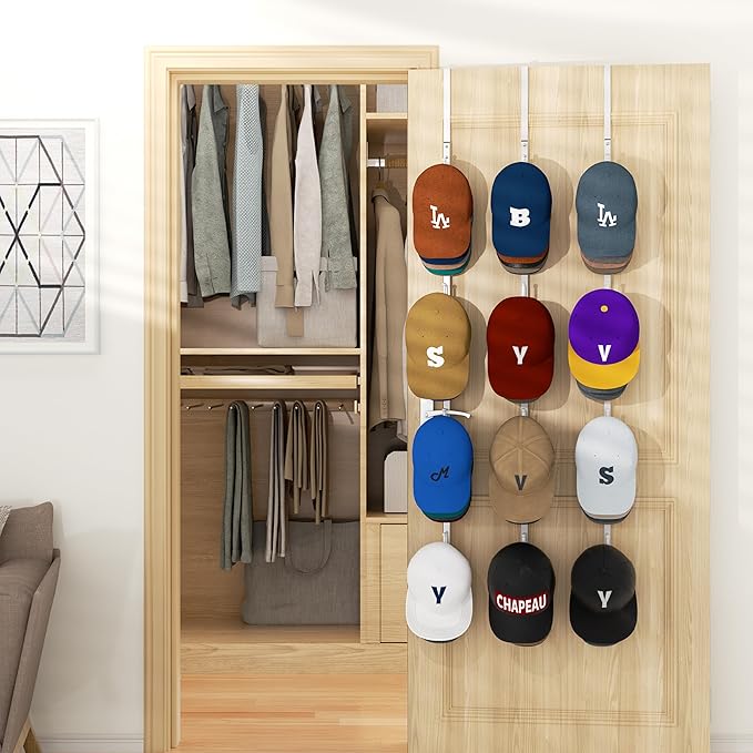 HapiRm Over Door Hat Rack - 3 Packs Hat Organizer with 12 Hooks Design, Hanging Baseball Cap Organizer Storage Holds Up to 60