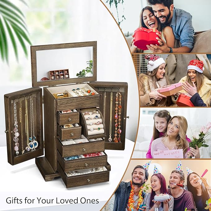 Jewelry Box for Women, Rustic Wooden Jewelry Boxes & Organizers with Mirror & Drawers,6 Layer Jewelry Organizer Box for Rings