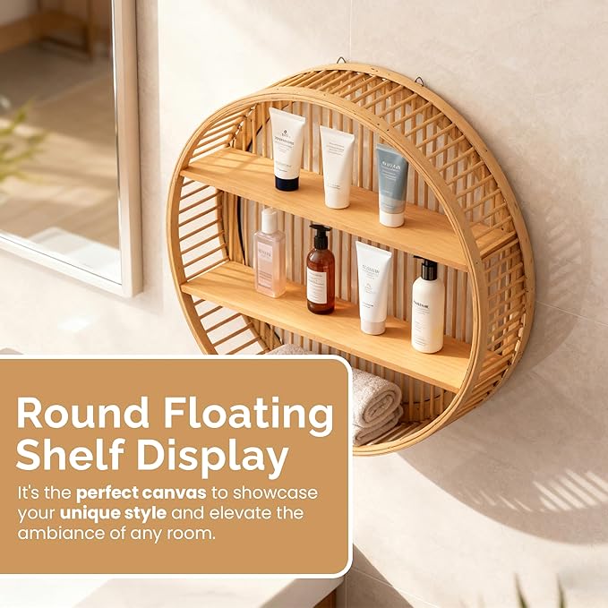 Vintiquewise Round Bamboo Wall Shelf with 2 Wooden Tiers – Natural Hanging Wall Decor and Floating Display Rack Accent for Mo
