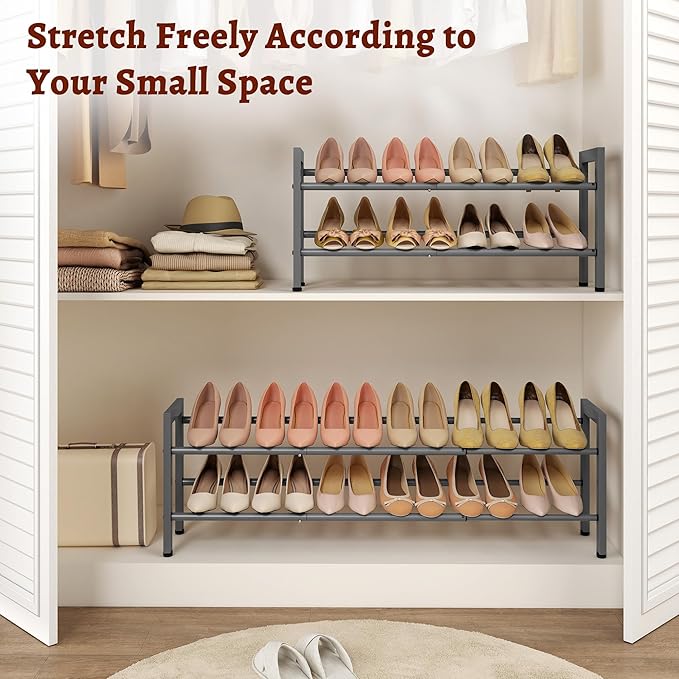 FAVOOSTY 2-Tier Expandable Shoe Rack, Adjustable Shoe Shelf Storage Organizer Space Saving Metal Free Standing Shoe Rack for 