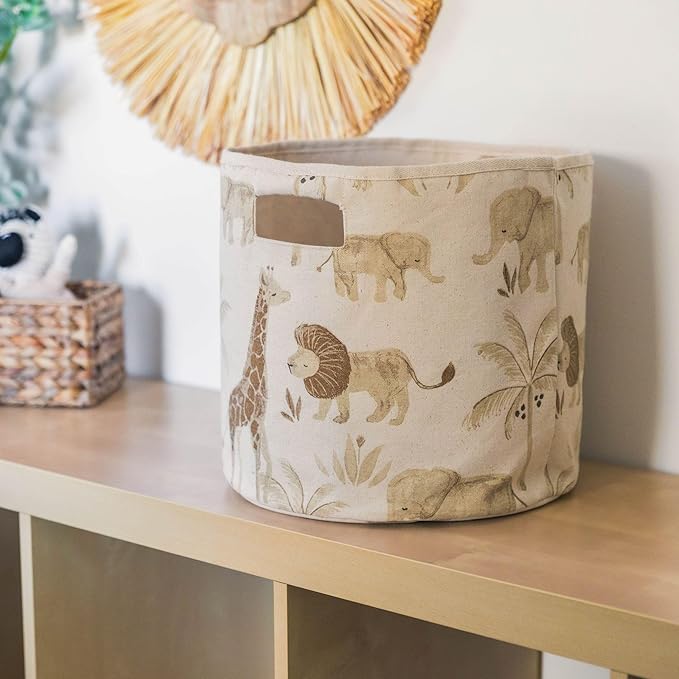Crane Baby Fabric Round Nursery Storage Basket, Toy Storage, Safari Animal, 13"x12", Toy Basket, Baby Storage Organizer, Toy 