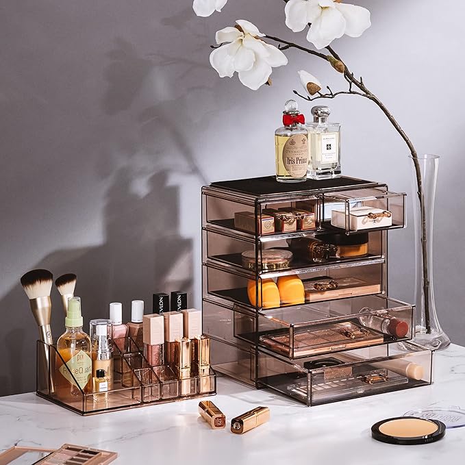 Sorbus Acrylic Makeup Organizer Set, 6-Drawer Vanity & Countertop Cosmetic Storage with Small & Wide Compartments, Bronze Glo