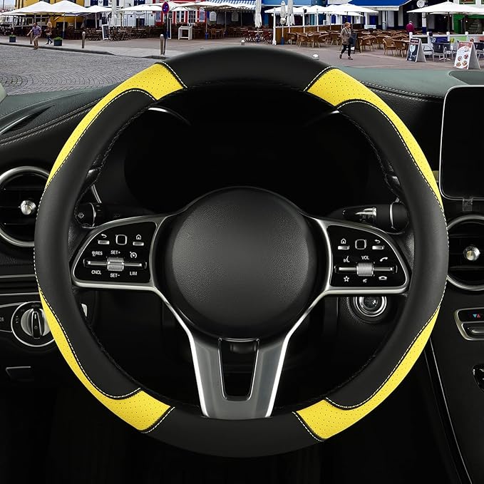 Microfiber Leather Steering Wheel Cover, Breathable, Anti Slip, 13.5 inch to 14 inch, Black with Yellow