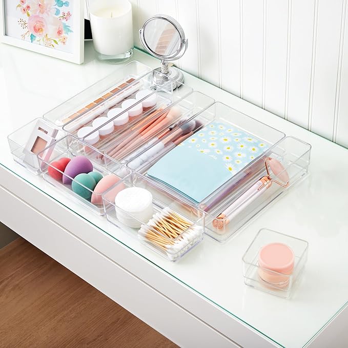 STORi SimpleSort 10-Piece Stackable Clear Drawer Organizer Set | Multi-size Trays | Makeup Vanity Storage Bins and Office Des