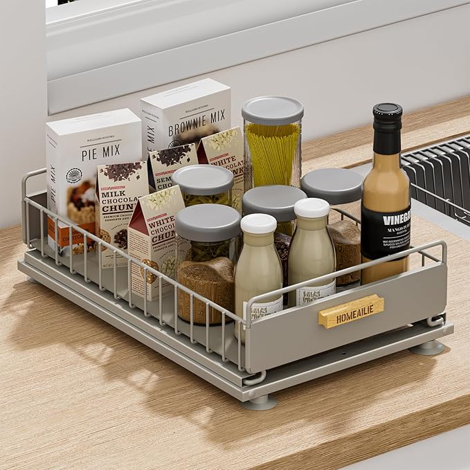 Under Sink Organizer, Single Tier Metal Pull Out Sliding Drawer Shelf for Kitchen Bathroom Cabinet Storage, Sturdy Rack – Gra