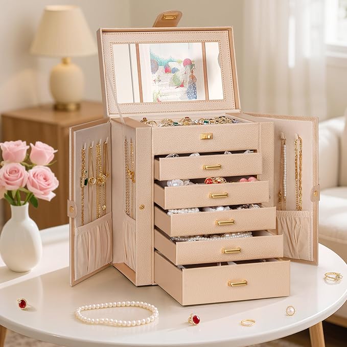AKOZLIN 6-Tier Jewelry Box Organizer Functional 5 Drawers Leather Jewelry Storage Case for Women Girls Ring Necklace Earring 