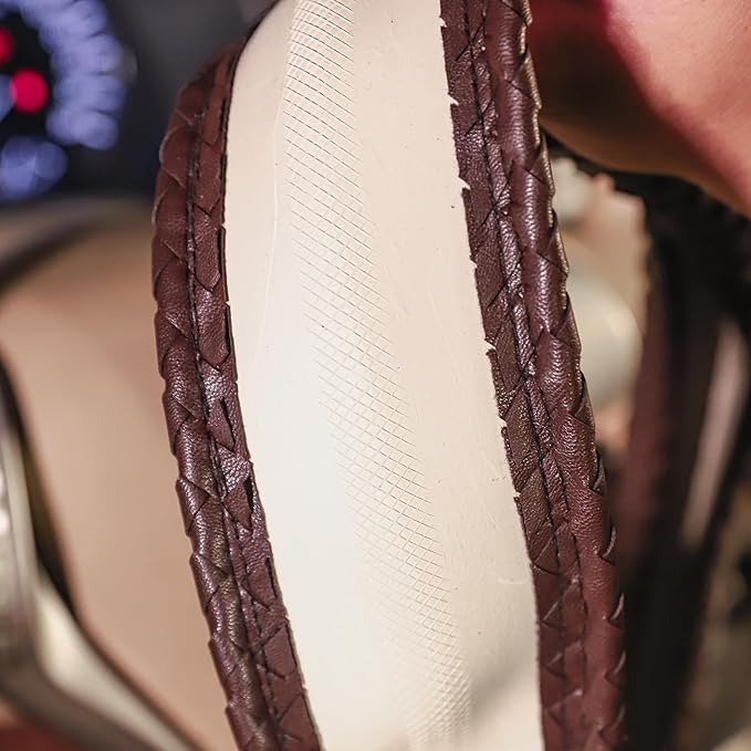 Carwales Elegant Men Steering Wheel Cover Leather for Car Hand-Made Wheel Wrap Hand Woven Universal 14.5-15 Inch Brown