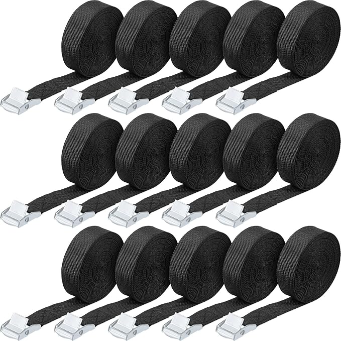 Riakrum 15 Pack 12 Feet Lashing Straps Adjustable Kayaks Tie Down Cam Buckle Straps with Buckles up to 250lbs for Cargo, Luggage, Motorcycles, Truck, Car Roof Rack, Sup Surfboard(Black)