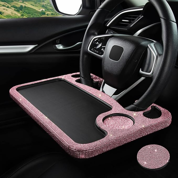 eing Car Eating/Laptop Steering Wheel Desk,Bling Crystal Steering Wheel Tray(16.6"x11.1"(2 in 1)) - Pink
