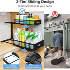 Under Sink Organizer, 2 Pack 2 Tier Pull Out Under Cabinet Organizer Shelf with Pad for Framed Cabinets, Metal Slide Out Unde