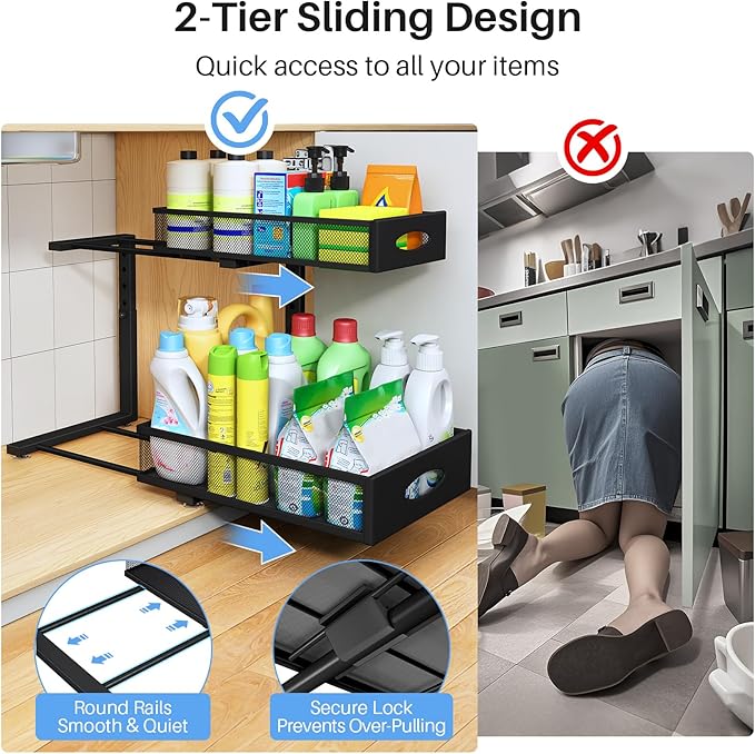 Under Sink Organizer, 2 Tier Pull Out Under Cabinet Organizer Shelf with Pad for Framed Cabinets, Metal Slide Out Under Sink 