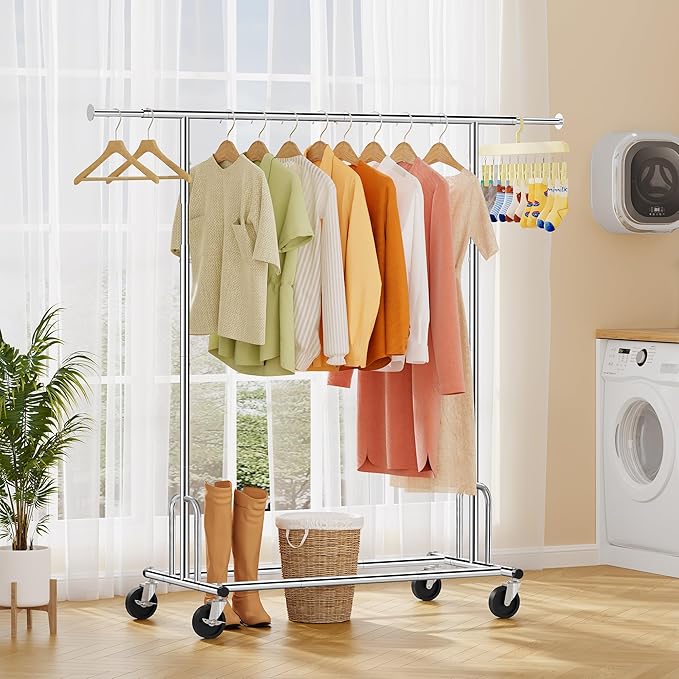 Tajsoon Heavy Duty Clothes Rack Foldable Garment Rack with Wheels and Extendable Rod, Freestanding Clothing Rack for Hanging 