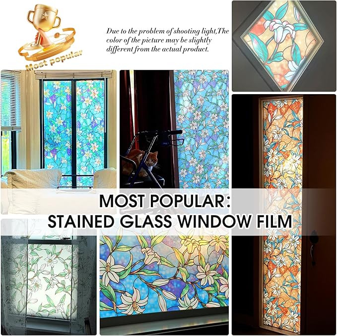 Coavas Decorative Window Privacy Film, Heat Control Sun Blocking Stained Glass Window Film, Floral Design Static Cling, Non Adhesive Windows Tint for Bathroom Front Door(Vinyl, 35.4" x 157.5 ")