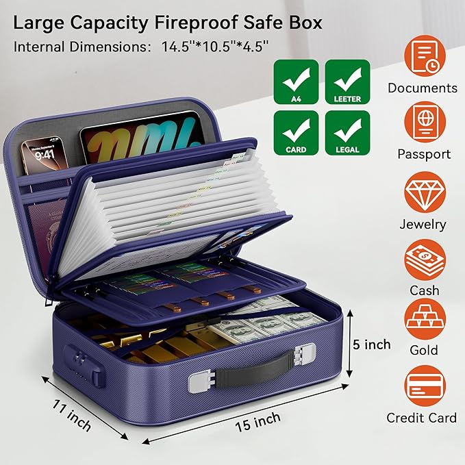 Fireproof Document Box, Hard Case Fireproof Box with Lock, Portable Hard-Shell Fireproof Water Resistant Document Safe for Im
