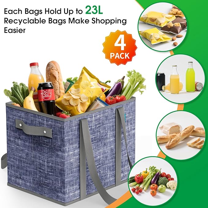 Fab totes Reusable Grocery Bags, Large Foldable Shopping Tote Bags with Reinforced Handles & Hard Bottom,4 Pack,Blue