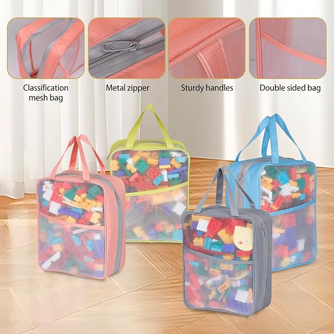 4 Pack Extra Large Mesh Toy Zipper Storage Bags(11.8 * 9.8 * 5.2in),Magnetic Tiles Block Sets Plush Toy Storage Organizer wit