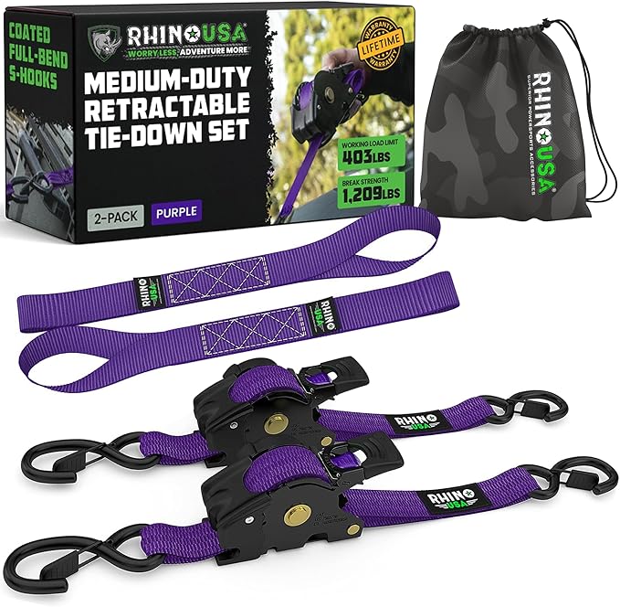 Rhino USA Retractable Ratchet Straps (2-Pack) - 1 Inch x 10 Feet (1,209lb Break Strength) - Auto Self Retracting Tie Down Straps for Truck, Cargo Trailer, Motorcycle, ATV, UTV - Purple