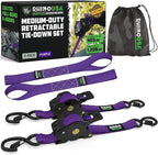 Rhino USA Retractable Ratchet Straps (2-Pack) - 1 Inch x 10 Feet (1,209lb Break Strength) - Auto Self Retracting Tie Down Straps for Truck, Cargo Trailer, Motorcycle, ATV, UTV - Purple