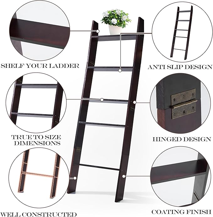 XUNIQUE 5-Tier Blanket Ladder for The Living Room, 4.8 FT Anti-Slip Decorative Ladder Shelf Leaning Quilt Rack, Lightweight, 