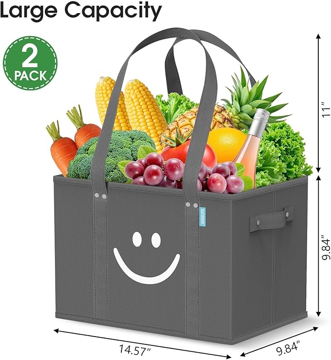WISELIFE Reusable Grocery Bags 2 Pack - Collapsible Tote Shopping Bags with Sturdy Handles & Bottom to Stands Upright, Grey