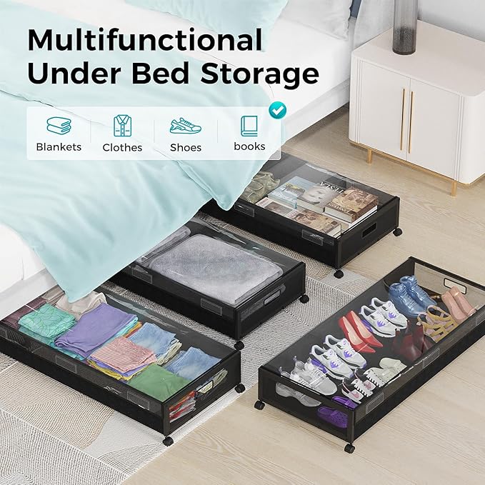 oylik Large Under Bed Storage with Wheels, Metal Under Bed Storage Containers with Clear Lid, Handle, Rolling Under Bed Shoe 