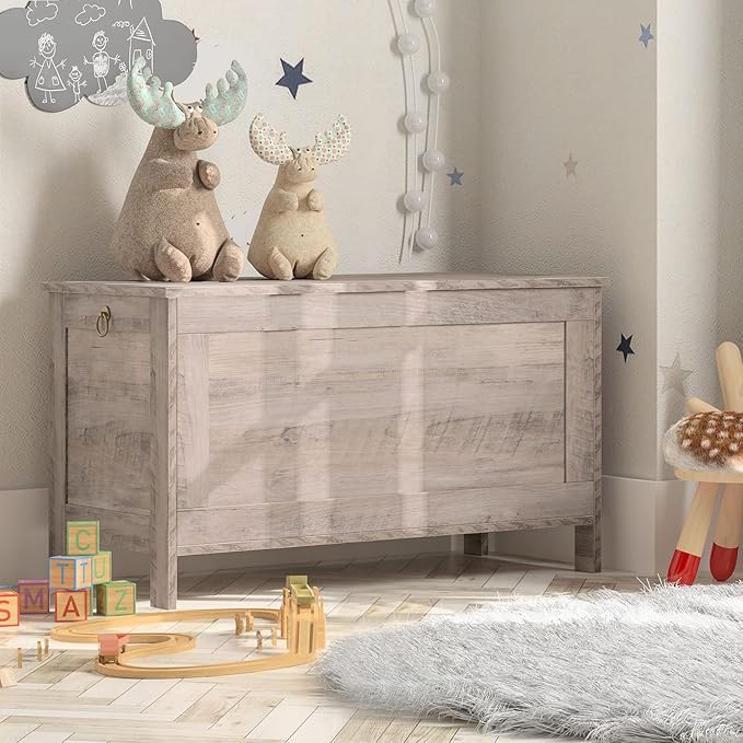 HOOBRO Toy Box, Retro Wooden Look Storage Chest with Safety Hinge, Entryway Storage Bench Supports 220 lb, 29.9 x 15.7 x 18.9