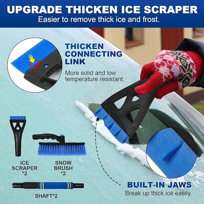 BFONS 2PCS Ice Scrapers for Car Windshield, 2-in-1 Snow Scraper and Snow Brush for Car SUV Truck, Car Ice Windshield Scraper for Ice and Snow with 360° Pivoting Brush and Ergonomic Foam Grip Blue