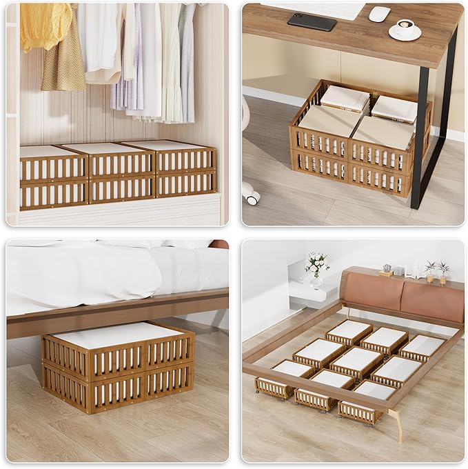 Bamboo Under Bed Storage with Wheels,Rolling Underbed Shoe Organizer Box for Shoes,Blankets,Toys,Clothes Container Space-Savi