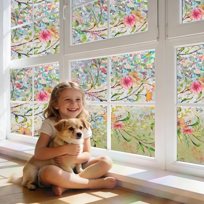 Hilarious Stained Glass Window Film Rainbow Floral Static Cling Window Film Flower Window Privacy Film No Glue Decorative Window Cling UV Blocking Heat Control Glass Windows Stickers, 35.4''x78.7''