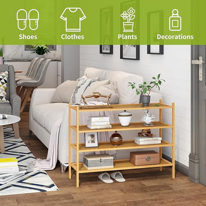BMOSU 4-Tier Bamboo Extended Shoe Rack Premium Stackable Shoe Shelf Storage Organizer for Hallway Closet Living Room Entryway