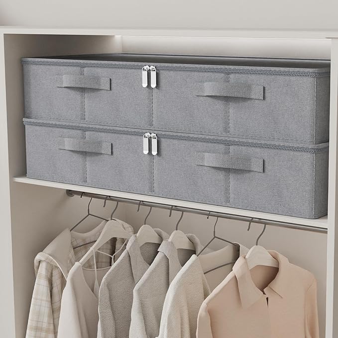 Underbed Storage Box, Foldable Under Bed Bins Container, Organizer Baskets with Lid for Organizing Clothes, Sheets, Pillows, 
