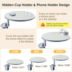 Car Food Tray & Car Table Tray with Car-Grade Aluminum Cup Holder & Phone Stand, Premium Wood with Leather Surface, 360° Rotating Car Desk for Laptop &Eating (Round, White)