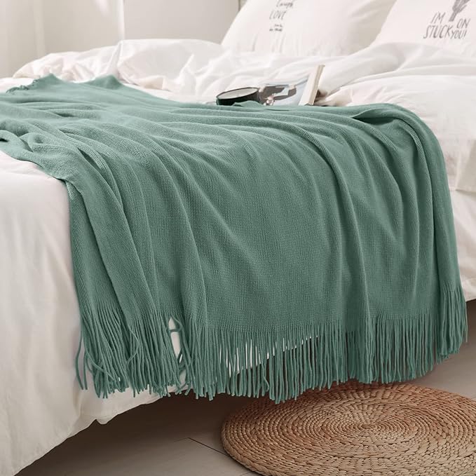 Homiest Decorative Knitted Throw Blanket with Fringe, Lightweight Acrylic Knit, Soft & Cozy Tassel Blanket for Couch, Sofa, B