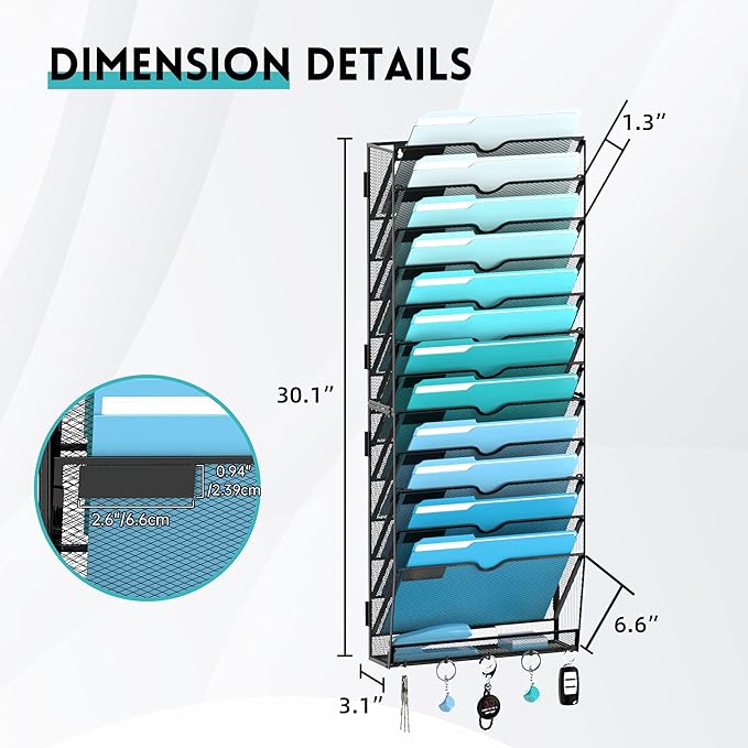 13 Tier Wall File Organizer - Hanging File Organizer with 5 Hooks, Mail Holder Wall Mounted for Papers, Folders, Magazines, B