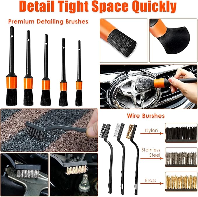 Viewsun Car Cleaning Kit, Orange 17pcs Car Interior Detailing Kit with High Power Handheld Vacuum, Detailing Brush Set, Winds