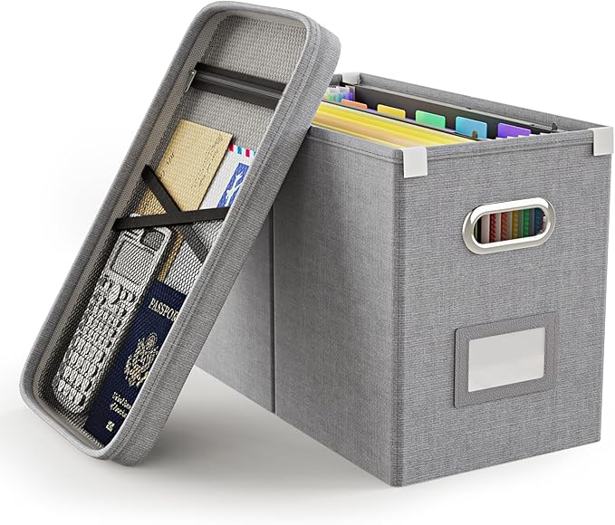 Oterri File Organizer Box with Lid, Hanging Filing File Box with Mesh Pocket, Document Organizer Box for Letter Files, Portab