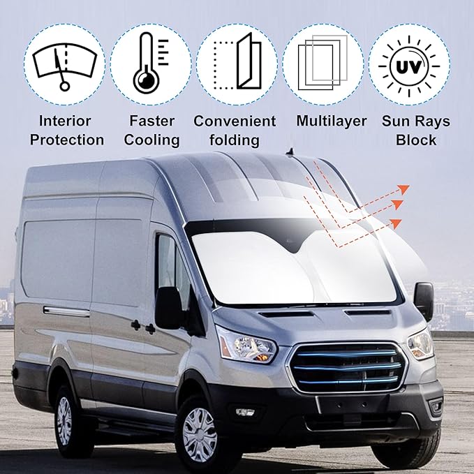 Front Windshield Sun Shade Foldable Car Front Window Sun Shade Windshield Shade Custom Fit for 2022-2026 Ford E-Transit Block UV Rays Car Accessories Heat Keep Cooler